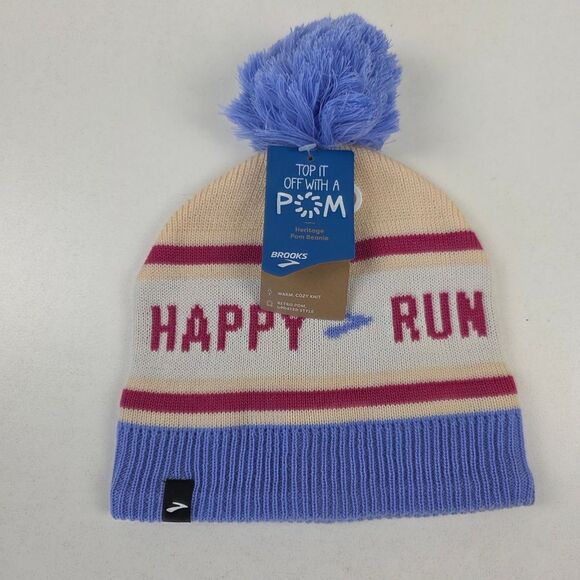 NWT Brooks Run Happy Heritage Pom Beanie Sand Blue Unisex Running Winter Hat - Picture 1 of 5